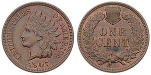 United States of America, Republic, 1 Cent Bronze 1907, Indian head cent, KM 90a, A.UNC
