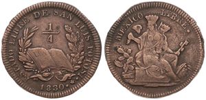 Mexico, Republic, San Louis Potosi, 1/4 Real Copper 1830, Seated crowned figure holding liberty cap, KM 359, AVF