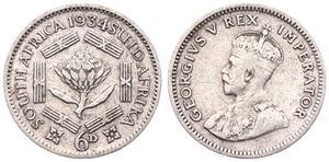 South Africa, British Colony, George V, 6 Pence Silver 1934, Crowned bust left, KM 16.2, VF