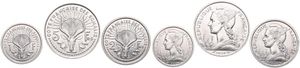 French Somaliland, Colony, 1, 2 & 5 Francs Aluminum 1959, Winged head left / Lyre Antelope, KM 8/10, UNC