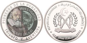Saharawi Arab Democratic Republic, 1000 Pesetas Silver Plated Copper-Nickel ND, Multicolor Galileo Galilei, KM New, PROOF 