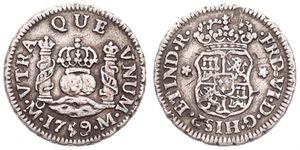 Mexico, Spanish Colony, Ferdinand VI, 1/2 Real Silver 1759M, Crowned globes flanked by crowned pillars, KM 67.2, VF