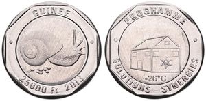 Guinea, Republic, 25000 Francs Nickel Clad Steel 2013, Snail walking right, KM X New, UNC