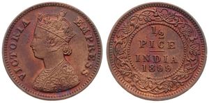 India-British, Colony, Victoria, 1/2 Pice Copper 1899, Crowned bust left, KM 484, XF