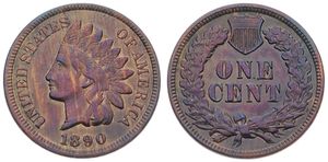 United States of America, Republic, 1 Cent Bronze 1890, Indian head cent, KM 90a, VF