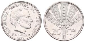 Uruguay, Republic, 20 Centesimos Silver 1954, Head of Artigas right, KM 36, UNC