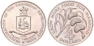 Saint Vincent, British Associated State, 4 Dollars Copper-Nickel 1970, F.A.O. - Sugar cane & banana tree branch, KM 14, UNC