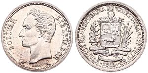Venezuela, Republic, 1 Bolivar Silver 1965, Head of Bolivar left, KM 37a, A.UNC