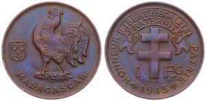 Madagascar, French Colony, 1 Franc Bronze 1943SA, Cross of Lorraine - Rooster, KM 2, XF