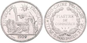 French Indo-China, Colony, 1 Piastre Silver 1909A, Liberty seated left with fasces, KM 5a.1, VF+