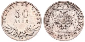 Timor, Portuguese Colony, 50 Avos Silver 1951, Shield within globe on maltese cross, KM 7, XF