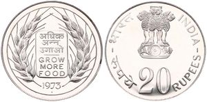 India, Republic, 20 Rupees Silver 1973, F.A.O. - Grow More Food, KM 240, B.UNC