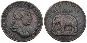 Ceylon, British Colony, George III, 1 Stiver Copper 1815, Laureate bust right - Elephant, KM 81, A.VF