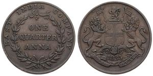India-British, Colony, East India Company, 1/4 Anna Copper 1835, Shield with lion supporters, KM 446.1 (Large text), XF