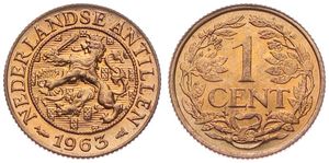 Netherlands Antilles, Dutch Administration, Juliana, 1 Cent Bronze 1963, Rampant lion left within circle, KM 1, B.UNC