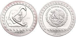Mexico, Estados Unidos, 100 Pesos Silver 1992, Eagle Warrior right, KM 556, UNC