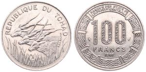Chad, Republic, 100 Francs Nickel 1988, Three giant eland left, KM 3, XF
