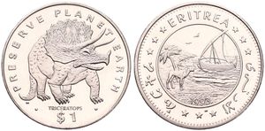 Eritrea, Republic, 1 Dollar Copper-Nickel 1993, Prehistorical Animals - Triceratops, KM 10, UNC