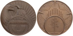 United States of America / France, Republic, Medal Bronze 1976 by Mérelle, 200 Years of the Founding of the U.S.A., Eagle on radiant sun / Growing tree under 50 stars, A.UNC