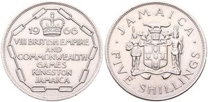 Jamaica, British Colony, Elizabeth II, 5 Shillings Copper-Nickel 1966, VIII Commonwealth Games in Kingston, KM 40, UNC