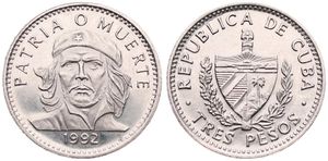 Cuba, Second Republic, 3 Pesos Nickel Clad Steel 1992, Ernesto Che Guevara, KM 346a, UNC