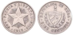 Cuba, First Republic, 10 Centavos Silver 1916, National arms and Star on reverse, KM A12, KEY DATE, XF