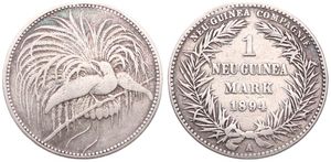 German New Guinea, Colony, Wilhelm II, 1 Mark Silver 1894A, Bird of Paradise on branch, KM 5, SCARCE, F/VF