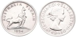 Australia, British Colony, Elizabeth II, 1 Florin Silver 1954, Royal Visit, KM 55, A.UNC (with variety on Queen's head !)