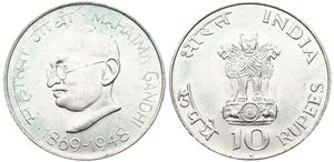 India, Republic, 10 Rupees Silver ND (1969), Centennial of the Birth of Mahatma Gandhi, KM 185, UNC