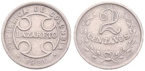 Colombia, Republic, Leprosarium Coinage, 2 Centavos Copper-Nickel 1921, LAZARETO on cross, KM L10, XF