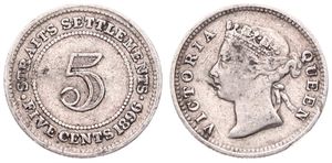Straits Settlements, British Colony, Victoria, 5 Cents Silver 1896, Crowned bust left, KM 10, VF