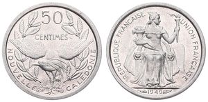 New Caledonia, French Overseas Territory, 50 Centimes Aluminum 1949, Kagu bird within sprigs, KM 1, UNC