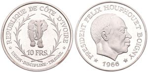 Ivory Coast, Republic, 10 Francs Silver 1966, Head right / Elephant and value within wreath, KM 1, PROOF