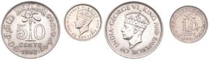 Ceylon, British Colony, George VI, 10 & 50 Cents Silver 1941-42, Crowned head left, KM 112 & 114, A.UNC (slightly cleaned)