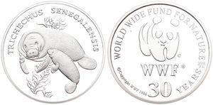 WWF, World Wide Fund for Nature, Medal in Silver 1986, 30th Anniversary of WWF - Trichechus Senegalensis (West African Manatee) / WWF Logo surrounded by legend, PROOF