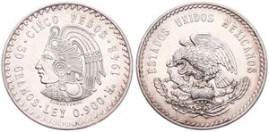 Mexico, Estados Unidos, 5 Pesos Silver 1948, Head of Cuauhtemoc with headdress left, KM 465, UNC