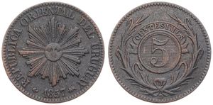 Uruguay, Republic, 5 Centesimos Copper 1857D, Radiant sun face, KM 8, VF