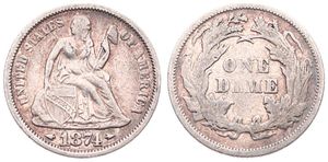 United States of America, Republic, 1 Dime Silver 1874, Seated Liberty dime, KM 105, VF