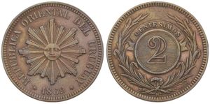 Uruguay, Republic, 2 Centesimos Bronze 1869H, Radiant sun face, KM 12, XF
