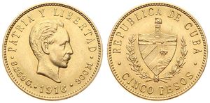 Cuba, First Republic, 5 Pesos Gold 1916, Head of Jose Marti right, KM 19, A.UNC (*)