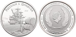 Antigua & Barbuda, British Dependency, Elizabeth II, 2 Dollars Silver 2018, Sailing Ship in front of a beach, KM New, PROOF