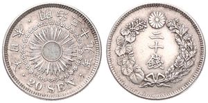 Japan, Empire, Mutsuhito, 20 Sen Silver Yr.39 (1906), Sunbirst within cherry blossom circle, KM 30, XF