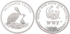 WWF, World Wide Fund for Nature, Medal in Silver 1986, 30th Anniversary of WWF - Pelicanus Crispus (Pelican) / WWF Logo surrounded by legend, PROOF