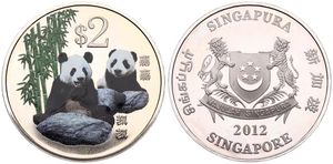 Singapore, Republic, 2 Dollars Copper-Nickel 2012, Multicolor Giant Panda's, KM New, UNC