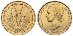 Togo, French Mandate, 5 Francs Aluminum-Bronze 1956, Head left - Gazelle head, KM 6, A.UNC