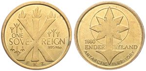 Enderbyland, Australian Antarctic Territory, 1 Sovereign Brass 1990, Arrowed symbol / Enflamed Runic symbol, KM X1, XF/AU 