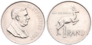 South Africa, Republic, 1 Rand Silver 1967, 1st Anniversary of the death of Dr. Verwoerd, KM 72.1 English legend, UNC