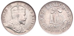 Ceylon, British Colony, Edward VII, 10 Cents Silver 1908, Crowned bust right, KM 97, XF