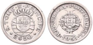 Saint Thomas & Prince, Portuguese Colony, 2-1/2 Escudos Silver 1951, National arms, KM 12, XF