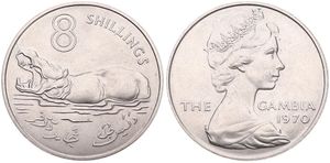 Gambia, British Colony, Elizabeth II, 8 Shillings Copper-Nickel 1970, Hippopotamus, KM 7, UNC